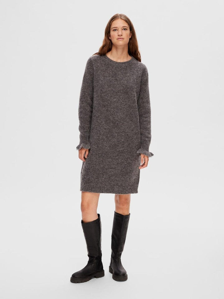 Sia Ras Frill Ls Knit Dress Medium Grey Melange | Kjoler | Smuk - Dameklær på nett
