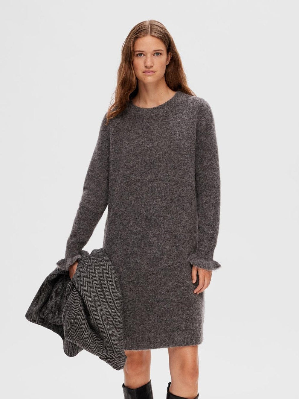 Sia Ras Frill Ls Knit Dress Medium Grey Melange | Kjoler | Smuk - Dameklær på nett