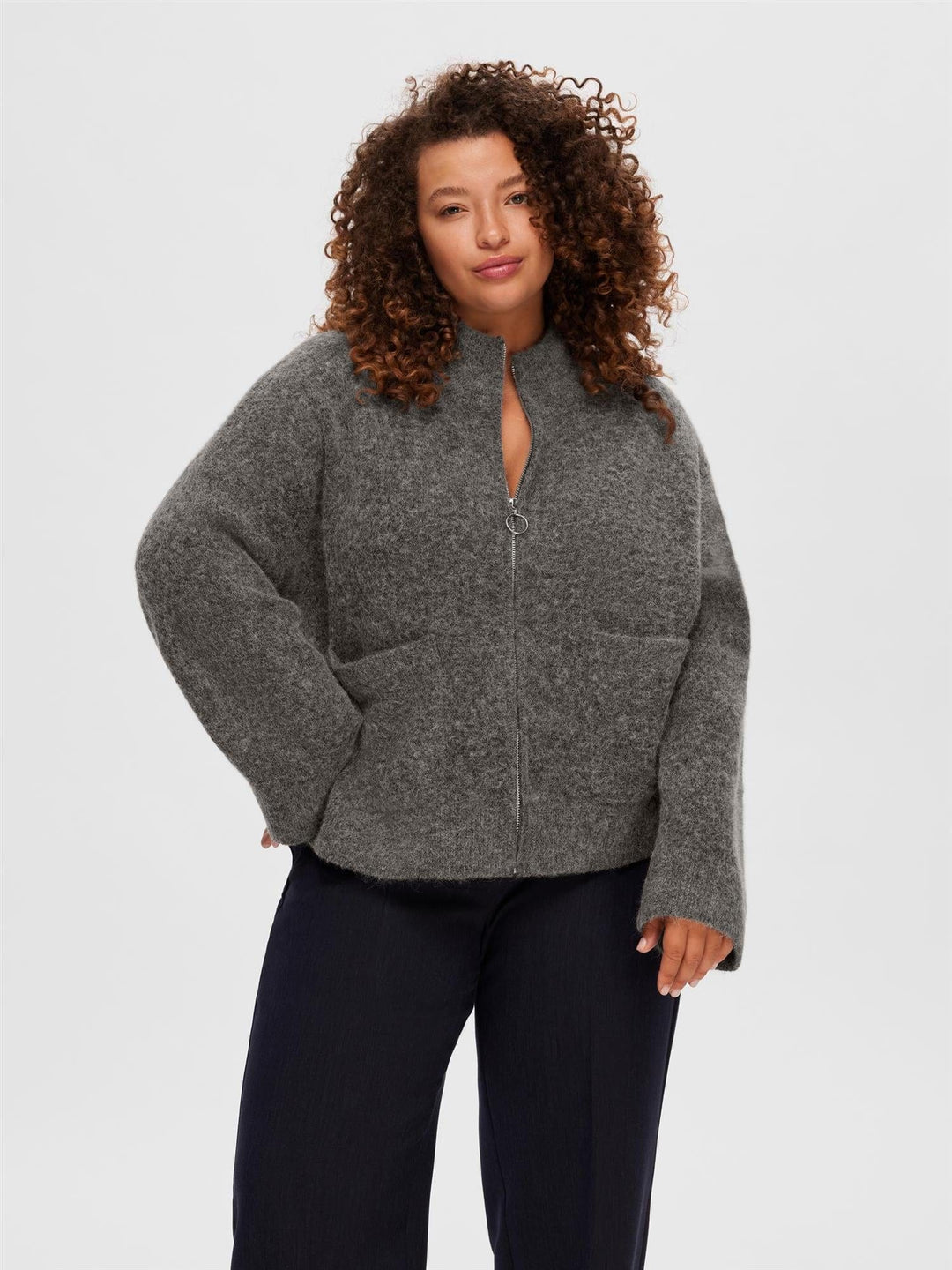 Sia Ras Ls Knit Zipper Cardigan Medium Grey Melange | Genser | Smuk - Dameklær på nett