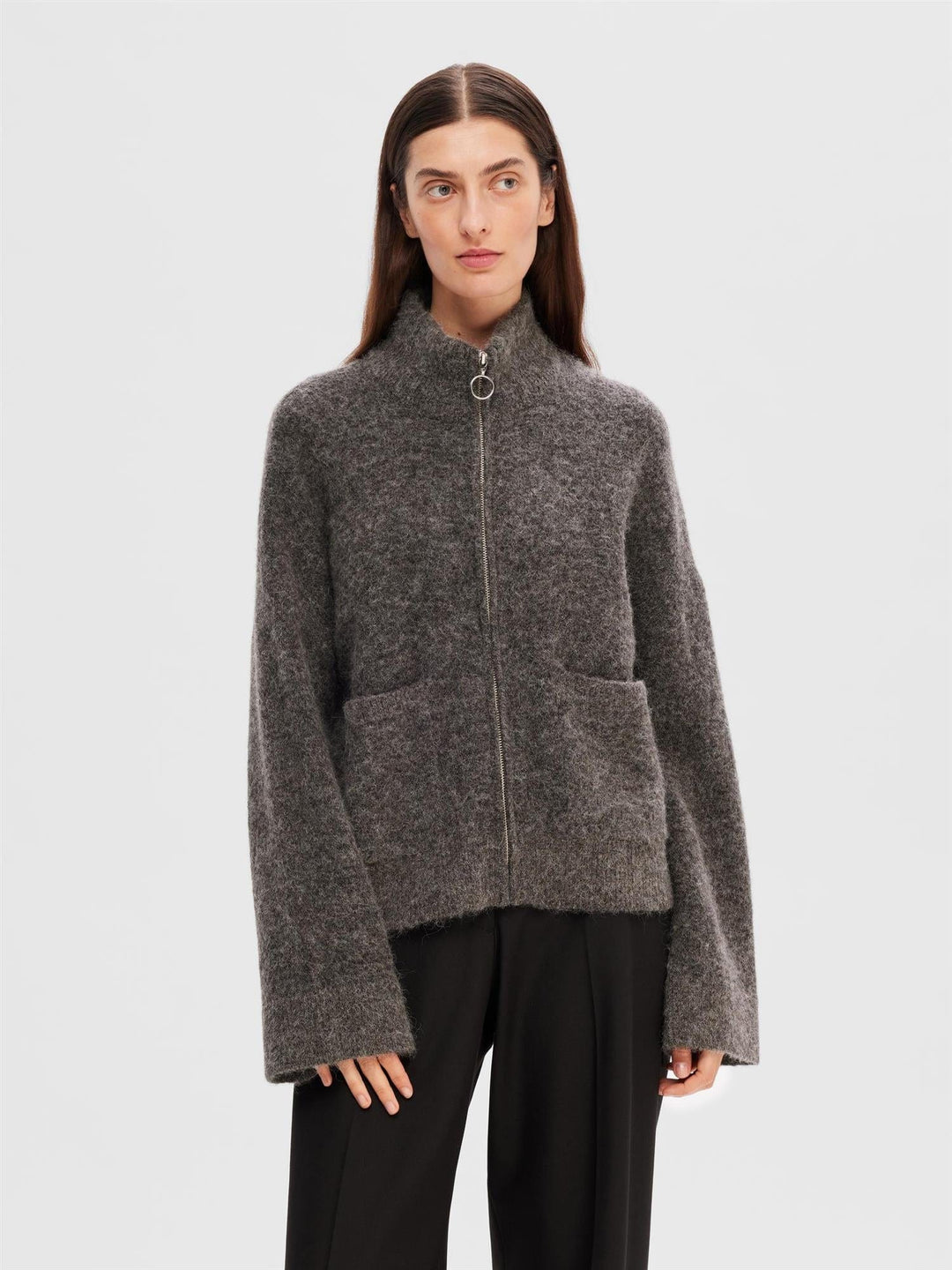 Sia Ras Ls Knit Zipper Cardigan Medium Grey Melange | Genser | Smuk - Dameklær på nett