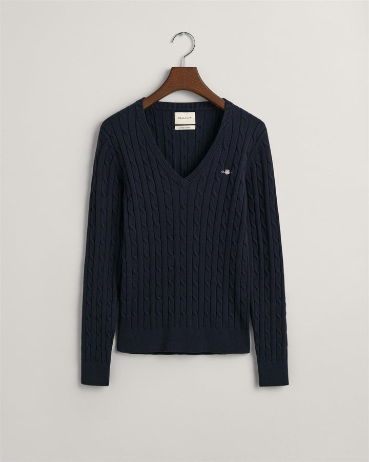 Stretch Cotton Cable V-Neck Evening Blue | Genser | Smuk - Dameklær på nett