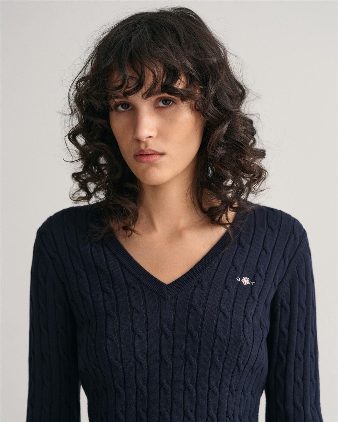 Stretch Cotton Cable V-Neck Evening Blue | Genser | Smuk - Dameklær på nett