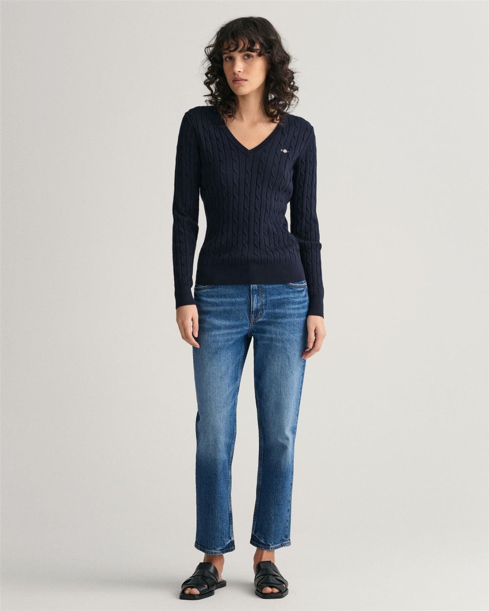 Stretch Cotton Cable V-Neck Evening Blue | Genser | Smuk - Dameklær på nett