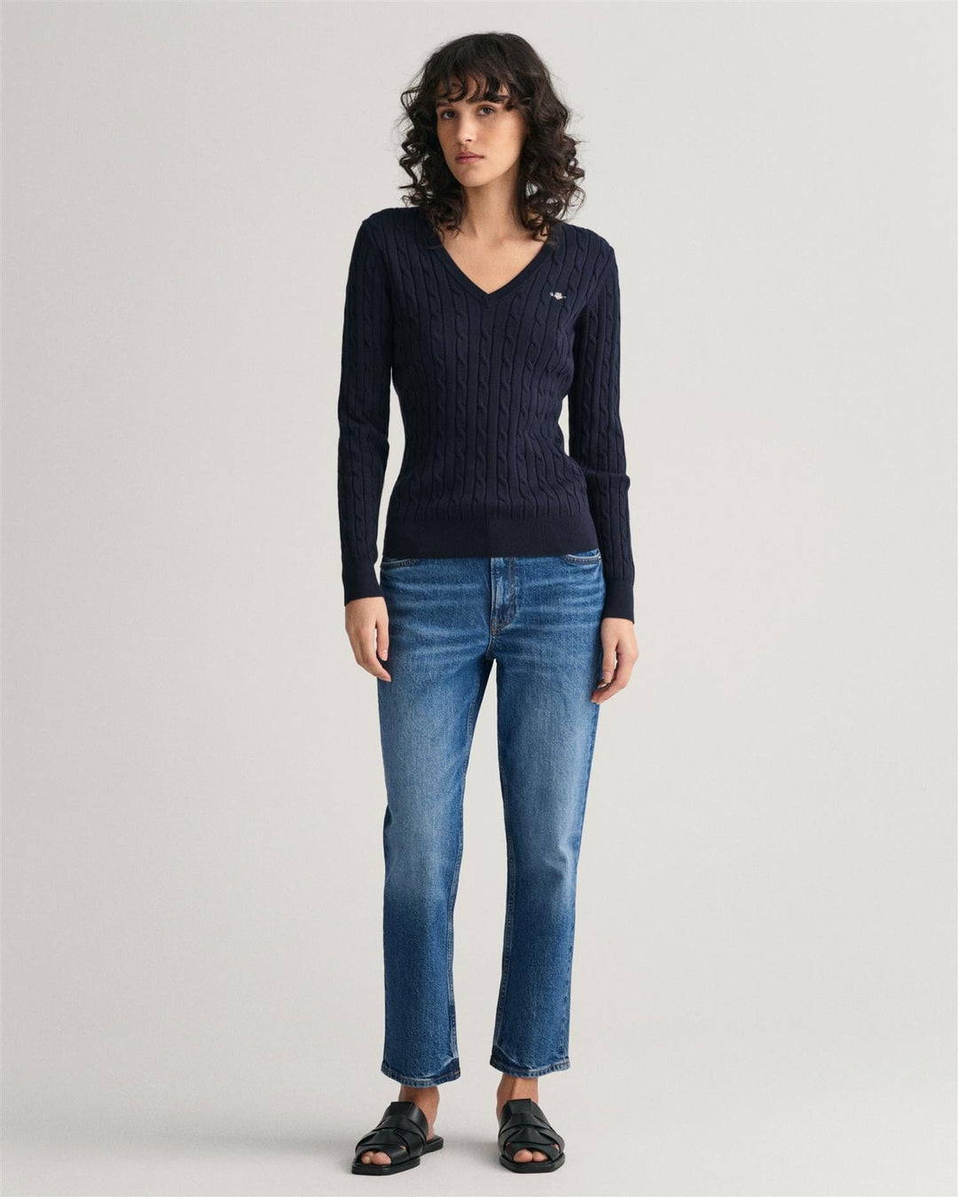 Stretch Cotton Cable V-Neck Evening Blue | Genser | Smuk - Dameklær på nett