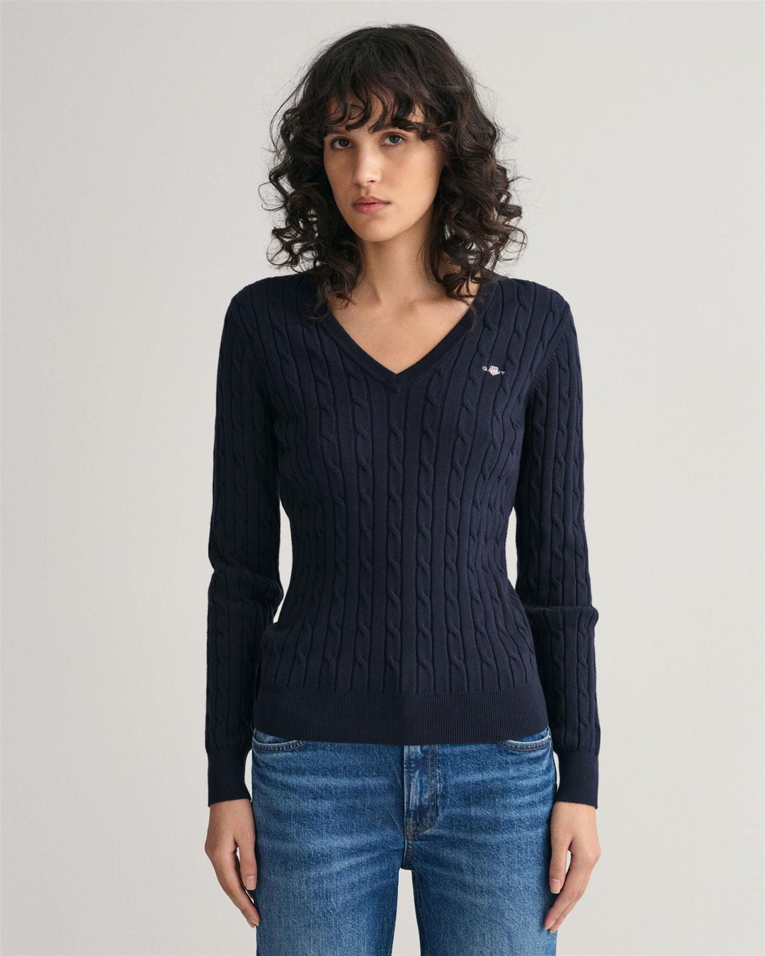 Stretch Cotton Cable V-Neck Evening Blue | Genser | Smuk - Dameklær på nett