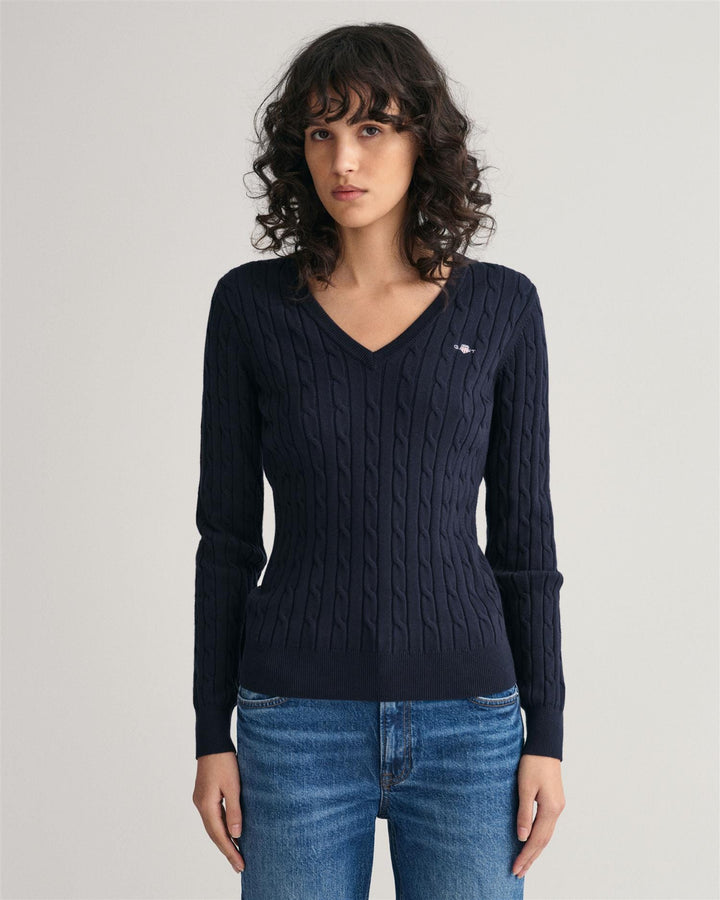 Stretch Cotton Cable V-Neck Evening Blue | Genser | Smuk - Dameklær på nett