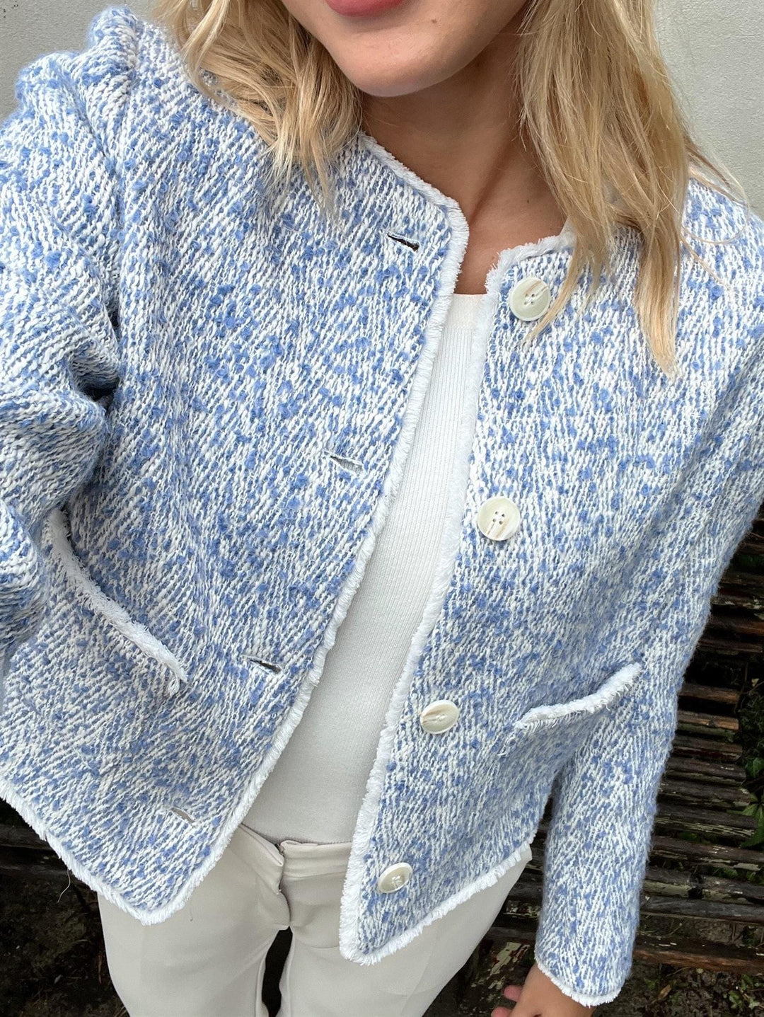 Toulouse Pattern Boucle Jacket Dusty Blue | Yttertøy | Smuk - Dameklær på nett