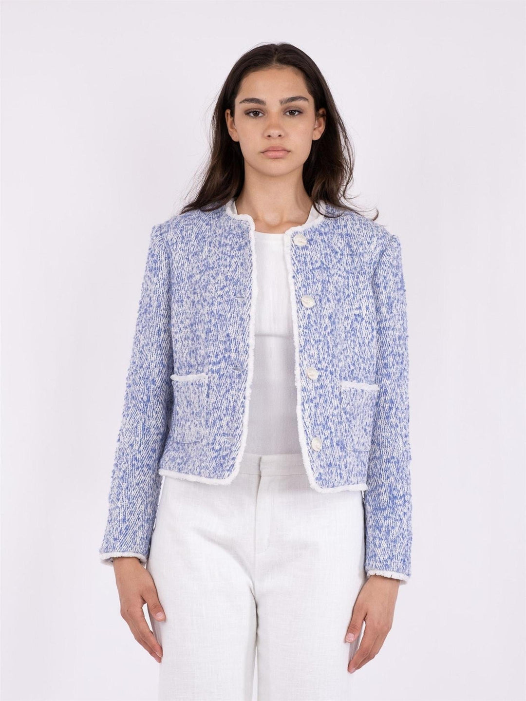 Toulouse Pattern Boucle Jacket Dusty Blue | Yttertøy | Smuk - Dameklær på nett